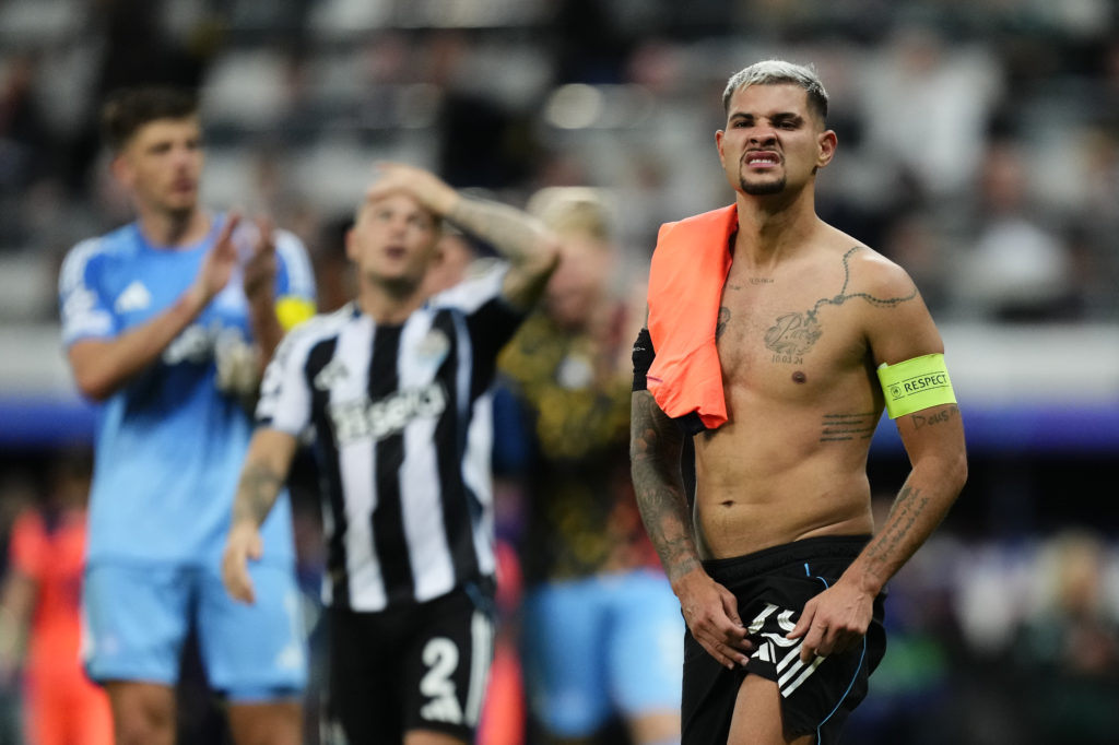 Bruno Guimaraes defensive midfield of Newcastle and Brazil reacts after loss the UEFA Champions League 2025/26 League Phase MD1 match between Newcastle United FC and FC Barcelona