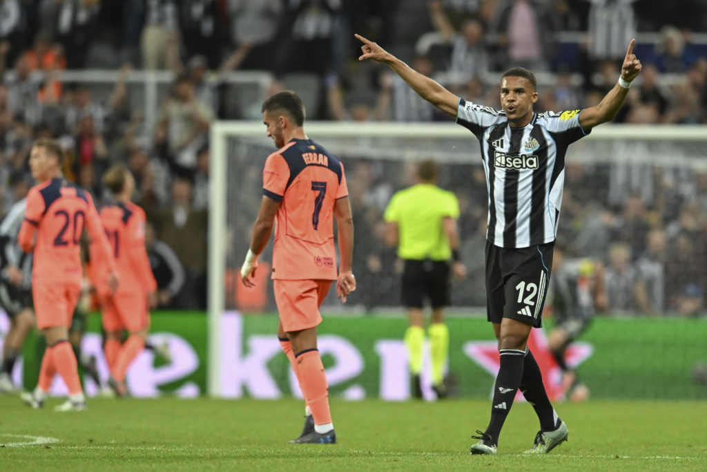 Malick Thiaw celebrates after Anthony Gordon scores for Newcastle United against Barcelona in the Champions League.