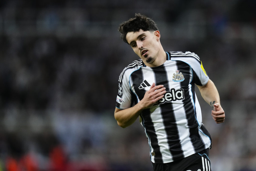 Tino Livramento in action for Newcastle United in the Champions League against Barcelona.