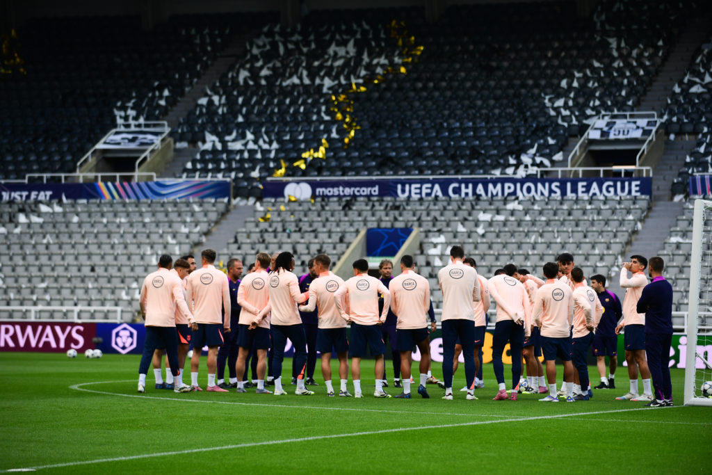 Barcelona players training at St James' Park, the home of Newcastle United, ahead of their Champions League game.