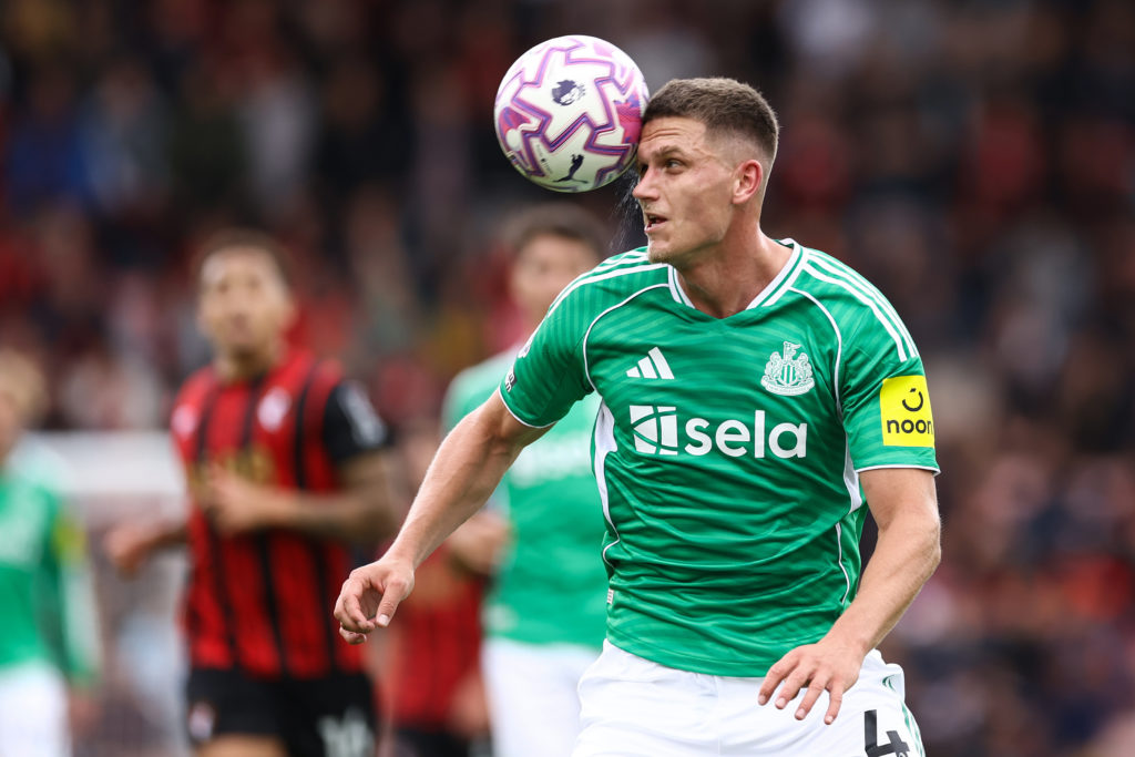 Sven Botman heads the ball during Newcastle United's Premier League game against Bournemouth.