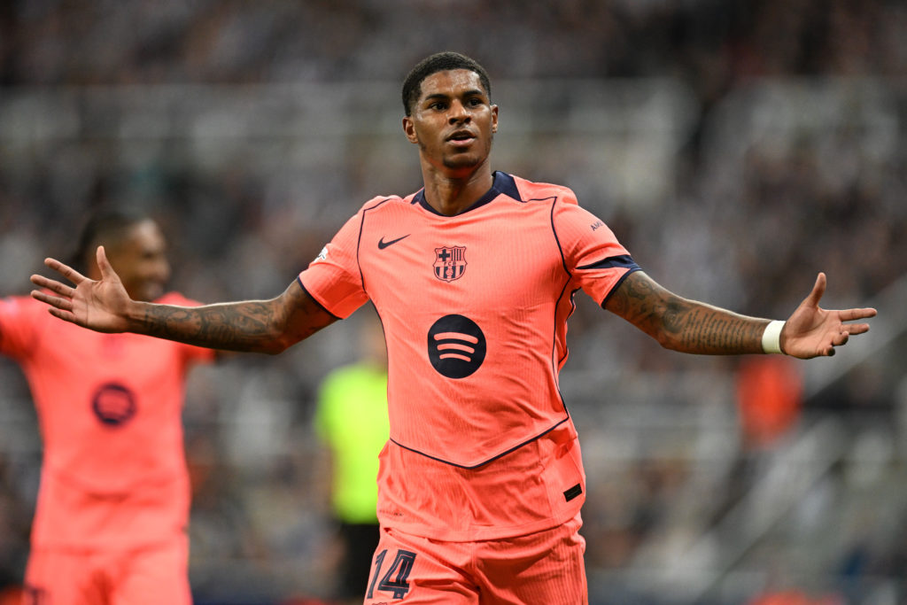 Marcus Rashford celebrates after scoring for FC Barcelona against Newcastle United.