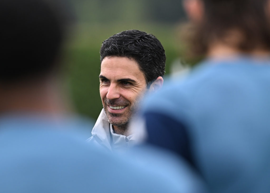 Mikel Arteta looks on during an Arsenal training session.