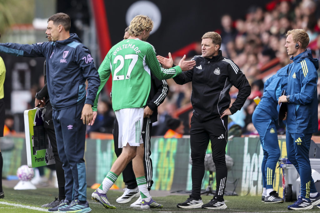 Eddie Howe shakes Nick Woltemade's hand after substituting him during Bournemouth vs Newcastle United.