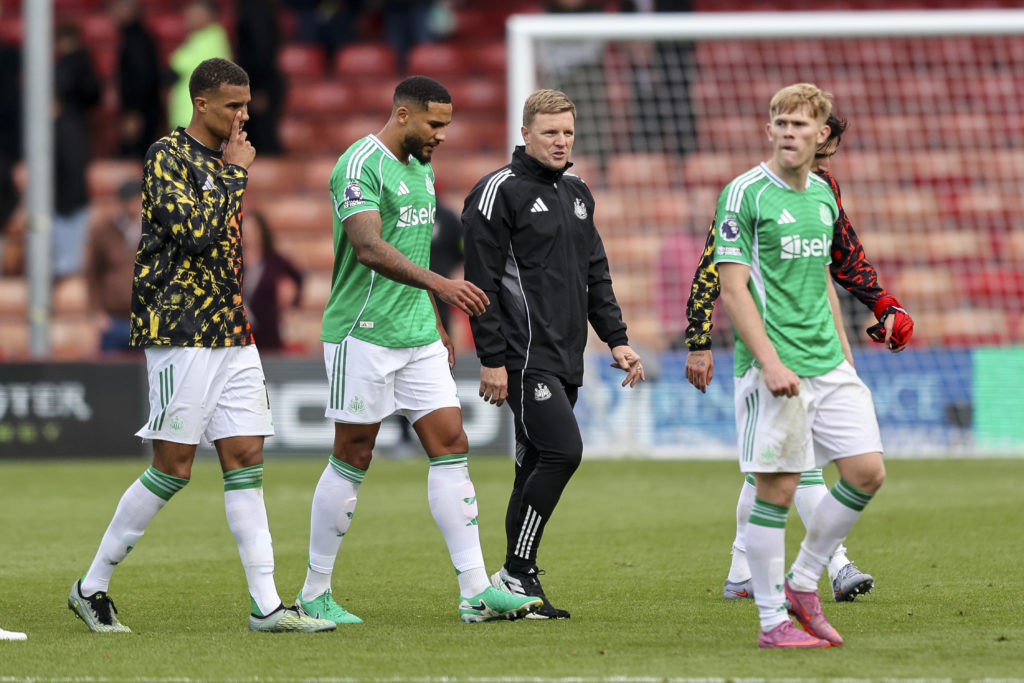 Eddie Howe speaks to some of his Newcastle United players after their 0-0 draw with Bournemouth.