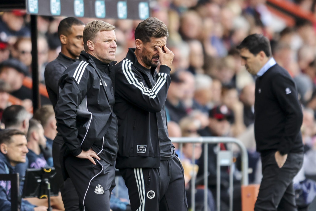 Eddie Howe and Jason Tindall look on during a Premier League game between Bournemouth and Newcastle United.