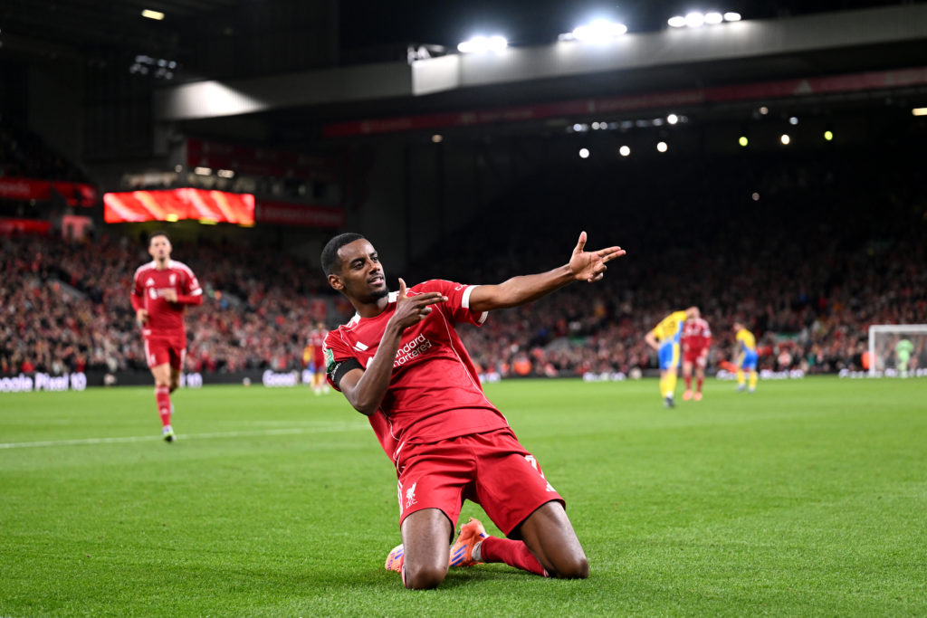 Alexander Isak celebrates scoring his first goal for Liverpool against Southampton in the Carabao Cup.