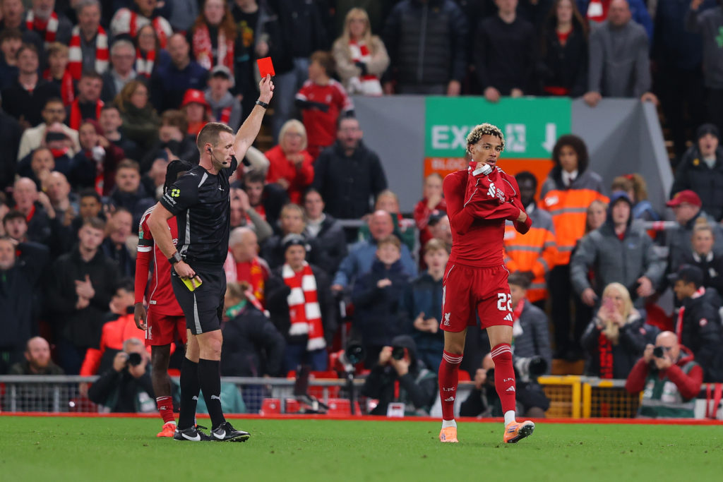 Hugo Ekitike is shown a red card during Liverpool vs Southampton in the Carabao Cup.