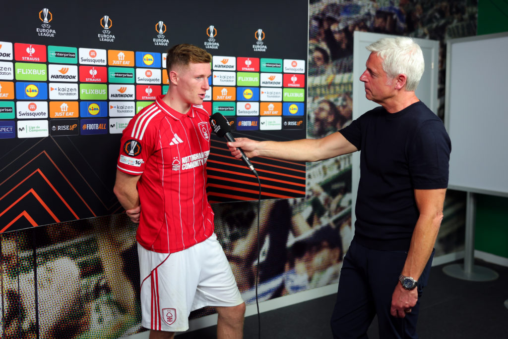 Elliot Anderson is interviewed after Nottingham Forest's Europa League game against Real Betis.