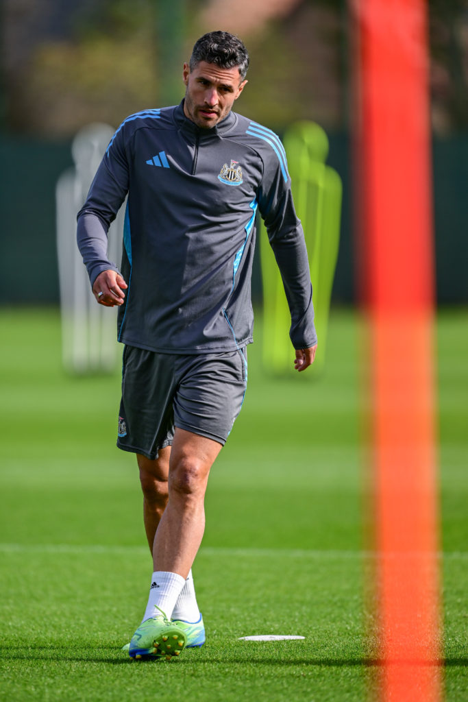 Fabian Schar takes part in a Newcastle United training session after returning from a concussion.