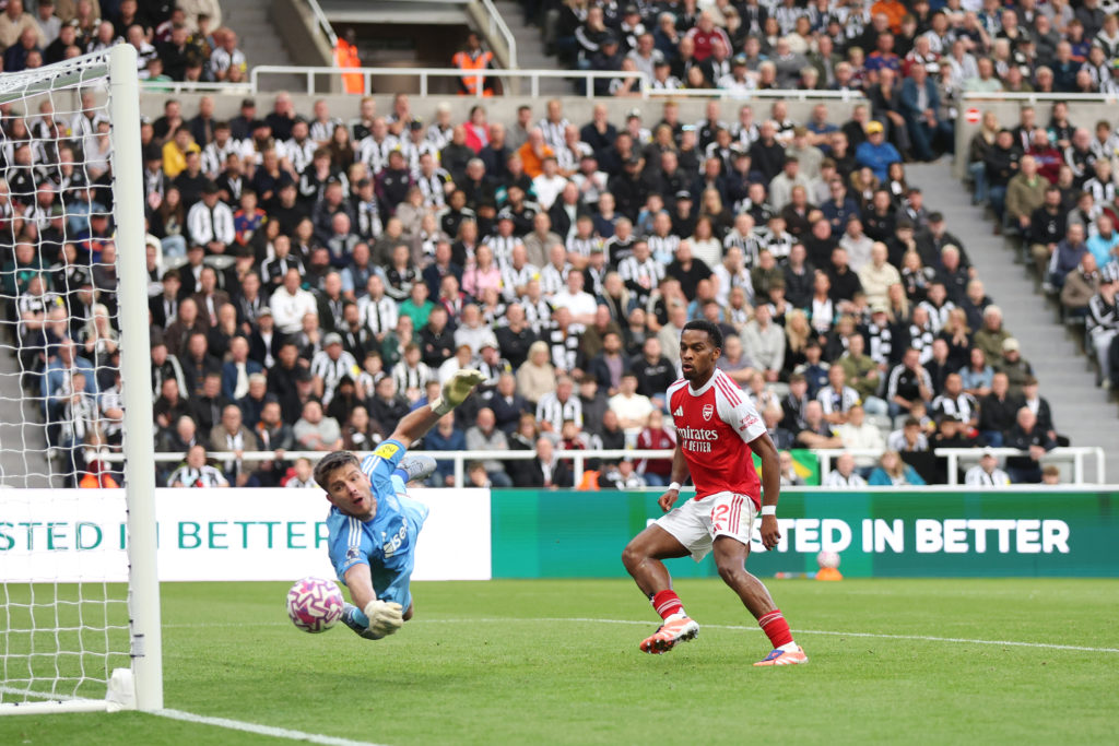 Nick Pope makes a save to deny Jurrien Timber during Newcastle United vs Arsenal.
