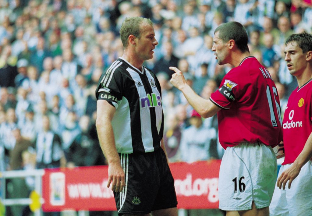 Roy Keane gets in Alan Shearer's face during a Premier League game between Newcastle United and Manchester United.