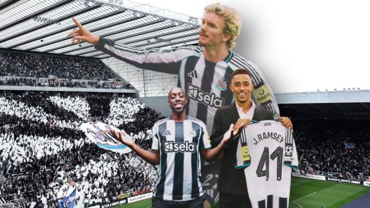 Collage of Nick Woltemade, Yoane Wissa and Jacob Ramsey in front of St. James' Park fans.