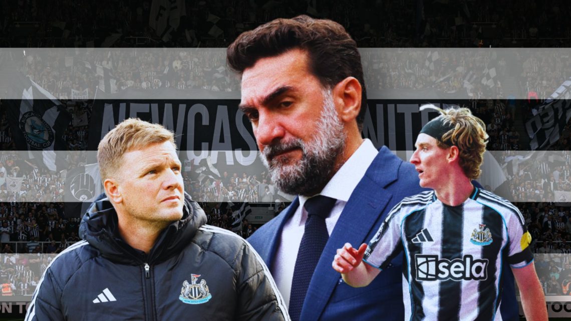 Collage of Eddie Howe, Yasir Al Rumayyan and Anthony Gordon in front of black and white stripes.
