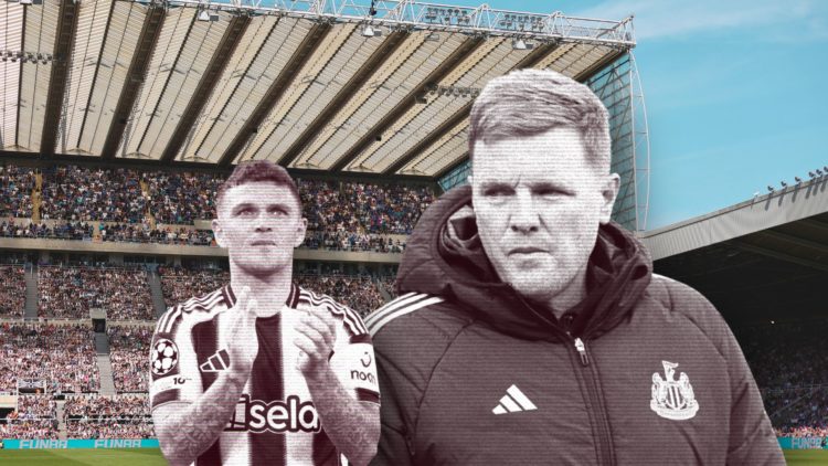 Collage of Eddie Howe and Kieran Trippier in black and white in front of St. James' Park.