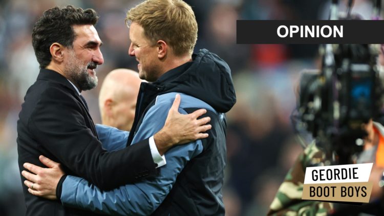 Eddie Howe and Yasir Al-Rumayyan embrace after Newcastle United vs Leicester.