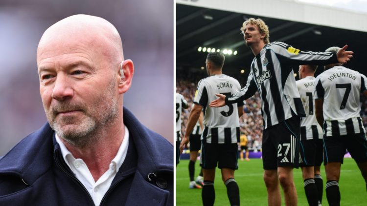 Alan Shearer doing punditry, Nick Woltemade celebrates his first Newcastle United goal.