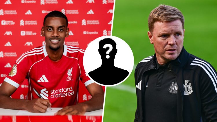 Alexander Isak signs for Liverpool, Newcastle United manager Eddie Howe looks on, mystery player