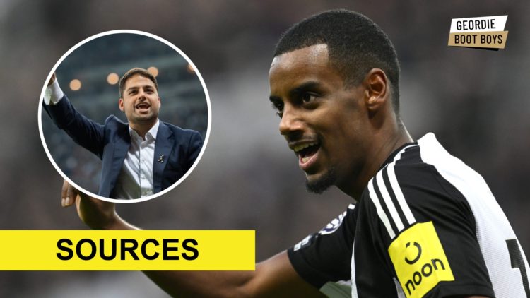 Alexander Isak playing for Newcastle United, Newcastle United co-owner Jamie Reuben celebrates.