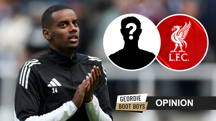 Alexander Isak warming up for Newcastle United, Liverpool badge, mystery player
