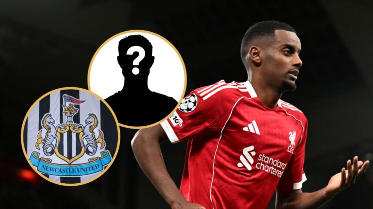 Alexander Isak playing for Liverpool in the Champions League, Newcastle United badge, mystery player