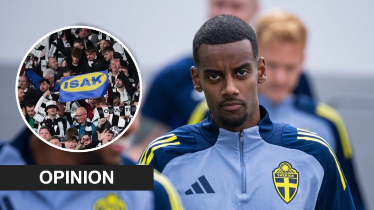 Alexander Isak trains with Sweden, Newcastle United fans hold up an Alexander Isak flag.