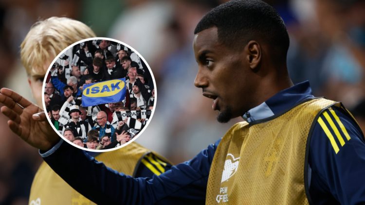 Alexander Isak warms up for Sweden, Newcastle United fans hold up an Alexander Isak flag.