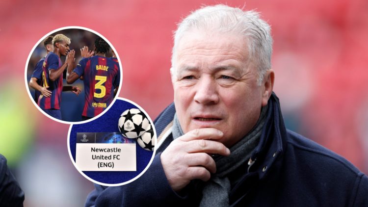 Ally McCoist doing punditry, Barcelona players celebrate a goal, Newcastle United's ball for the Champions League draw.