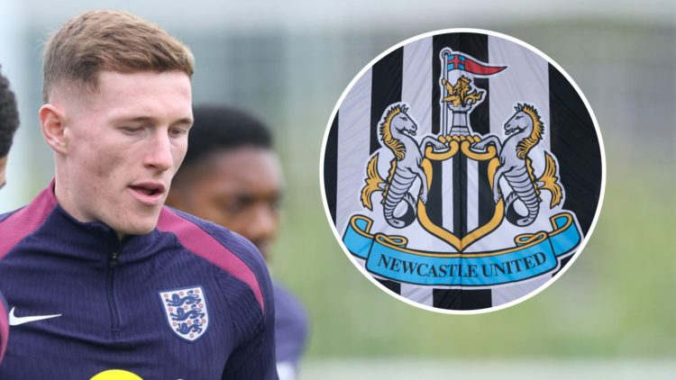 Elliot Anderson is pictured in England training. Inset, Newcastle United badge.