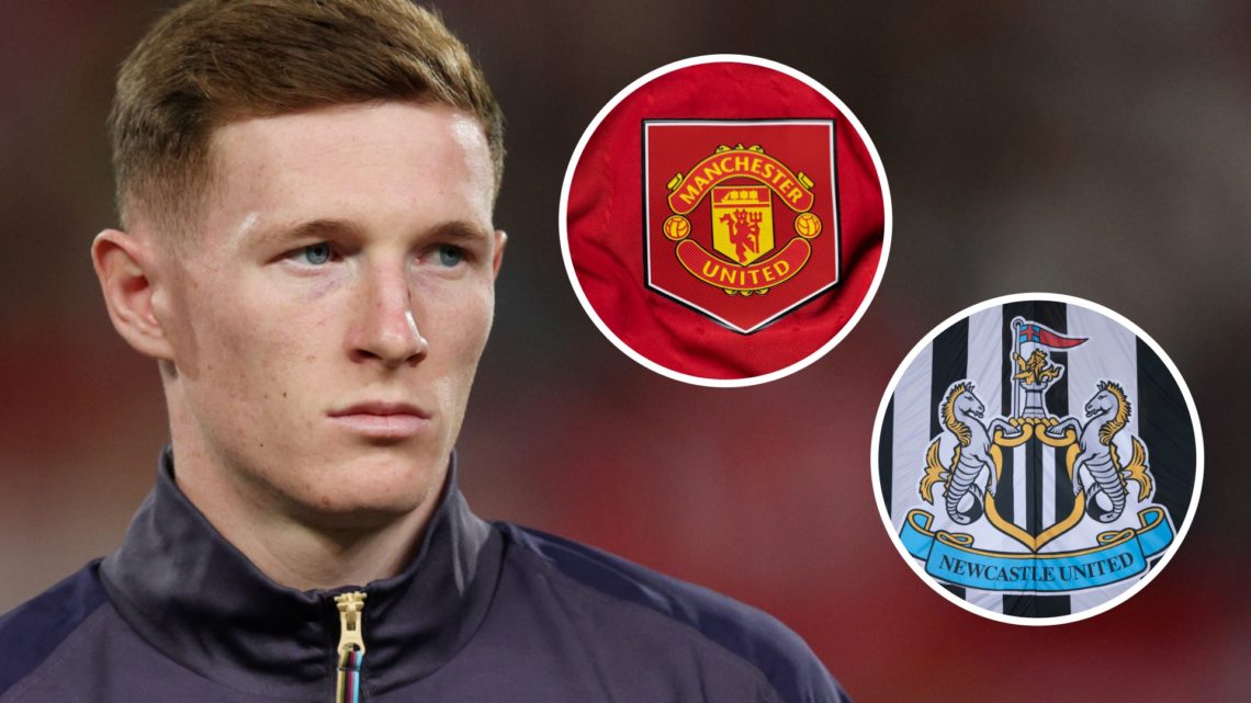 Elliot Anderson. Inset 1, Manchester United badge. Inset 2, Newcastle United badge.