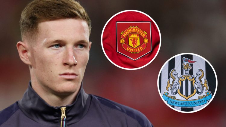 Elliot Anderson. Inset 1, Manchester United badge. Inset 2, Newcastle United badge.