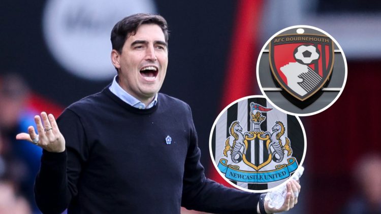 Andoni Iraola looks on during a Premier League game between Bournemouth and Newcastle United. Inset:t he Newcastle United badge and the Bournemouth...