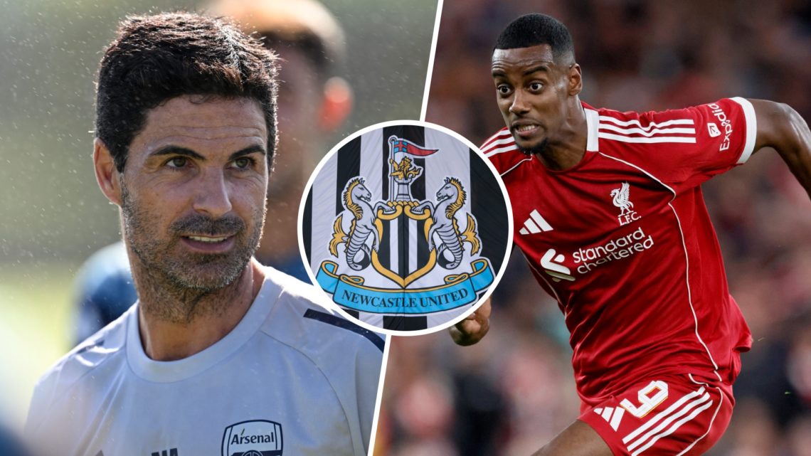 Mikel Arteta. Inset, Newcastle United badge. Alexander Isak playing for Liverpool.