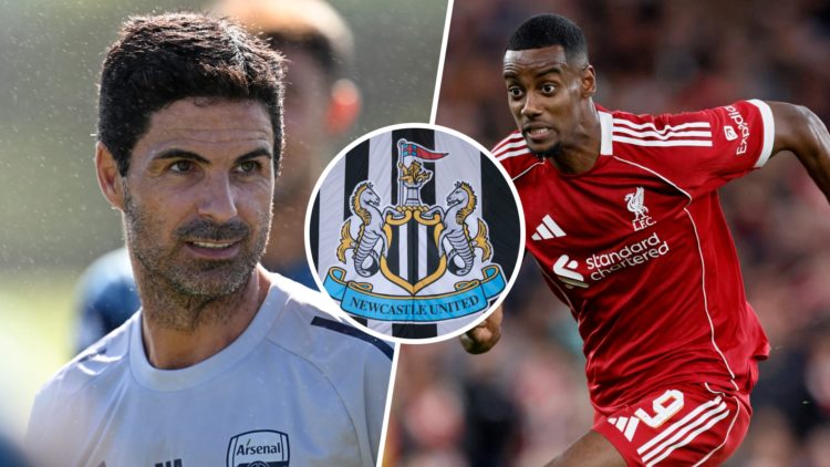 Mikel Arteta. Inset, Newcastle United badge. Alexander Isak playing for Liverpool.