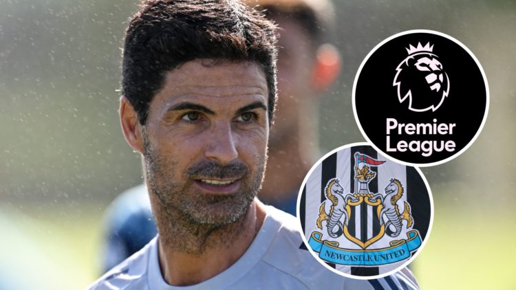 Mikel Arteta during an Arsenal pre-season training session. Inset: the Premier League logo and a Newcastle United badge.