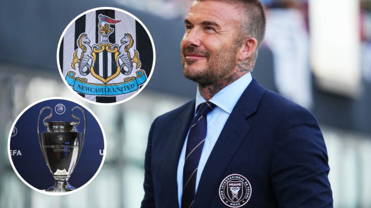 Inset 1, Newcastle badge. Inset 2, Champions League trophy. David Beckham looks on prior to Inter Miam's MLS match against Nashville SC.