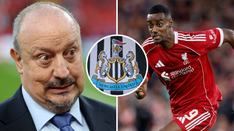 Rafa Benitez. Inset, Newcastle United badge. Alexander Isak playing for Liverpool.