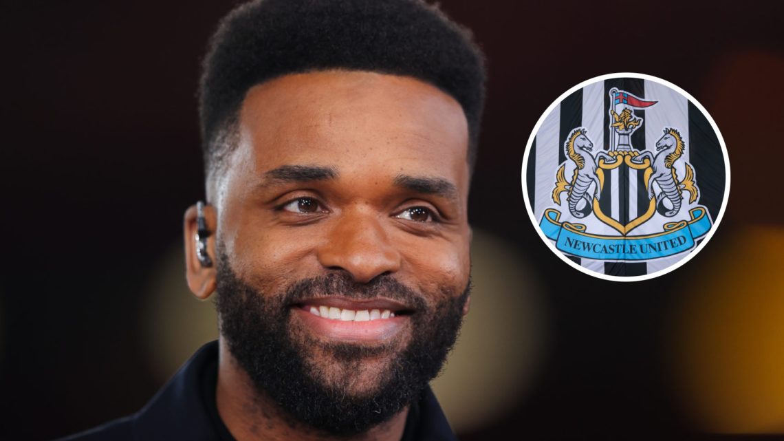 Darren Bent working as a football pundit. Inset, Newcastle United badge.