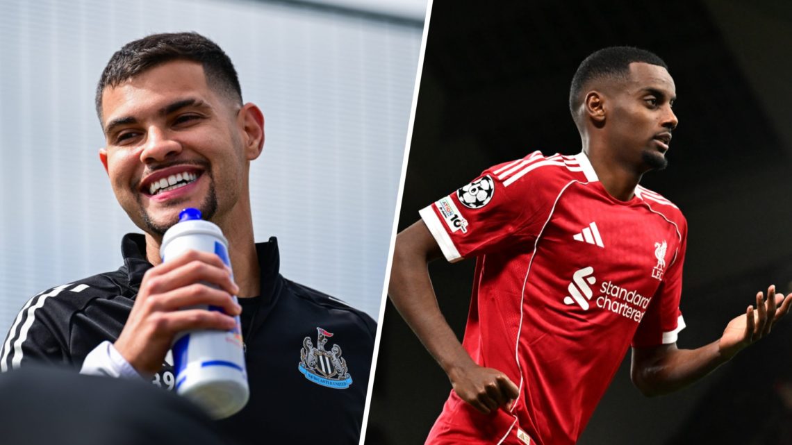 Bruno Guimaraes has a drink during Newcastle United training, Alexander Isak in action for Liverpool.