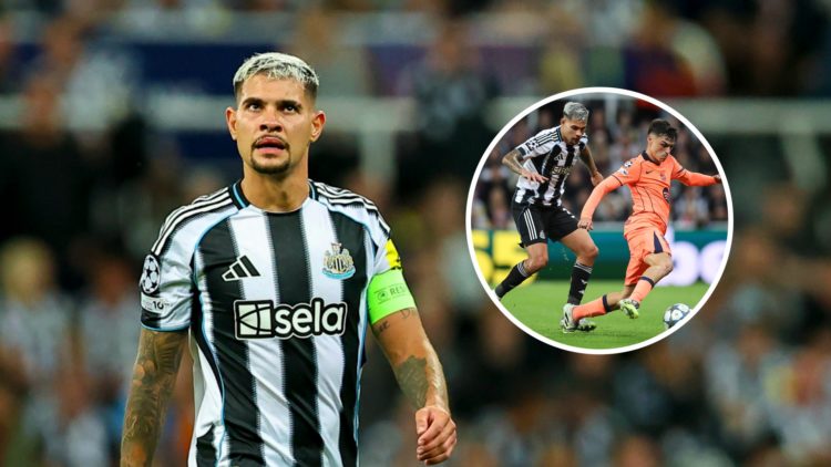 Bruno Guimaraes reacts during Newcastle United vs Barcelona, Bruno Guimaraes challenges Pedri for the ball.