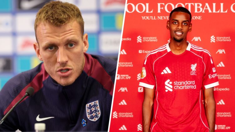 Newcastle United defender Dan Burn speaking at an England press conference. Alexander Isak poses in a Liverpool FC shirt.