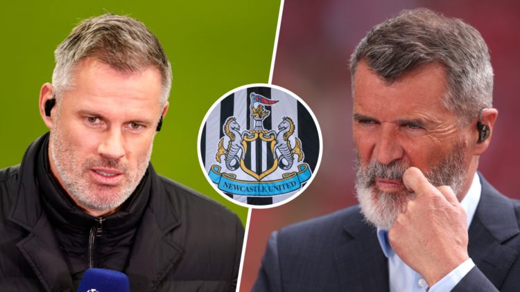 Jamie Carragher doing punditry during a game between Newcastle United and Paris Saint-Germain. Roy Keane working as a pundit during FA Cup semi-fin...