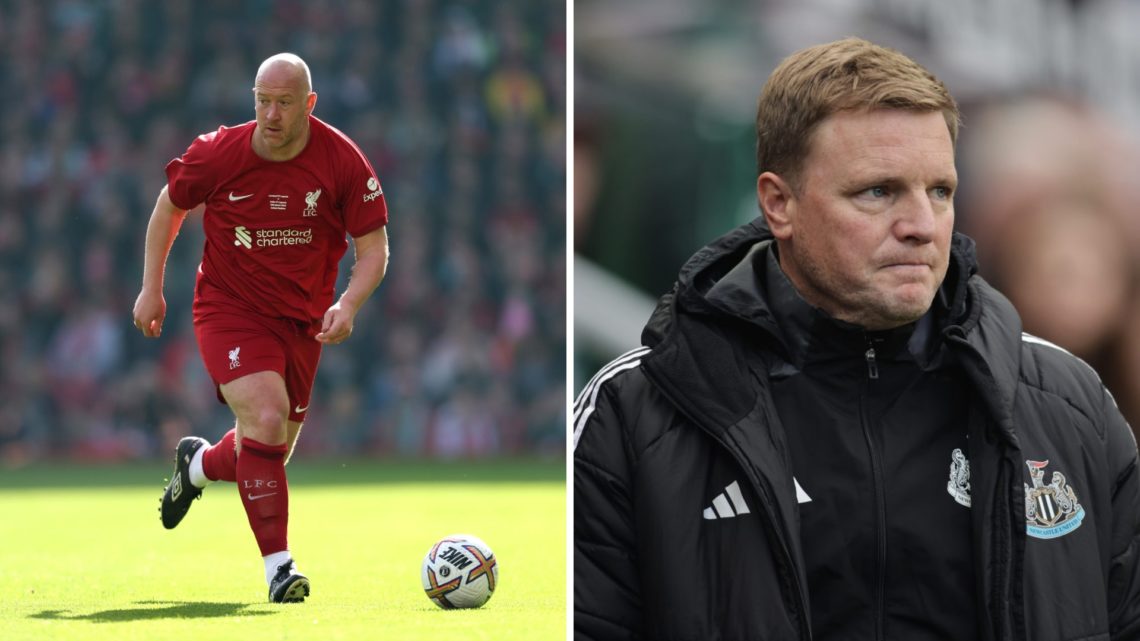 Charlie Adam playing for Liverpool Legends, Eddie Howe watches on ahead of Newcastle United vs Arsenal.