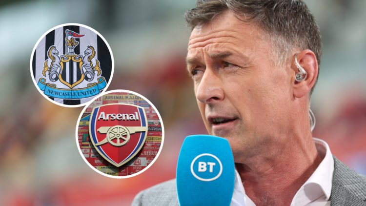Chris Sutton doing punditry for BT Sports, Newcastle United badge, Arsenal badge.