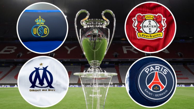 The Champions League trophy general view. Insets: Club crests of USG, Marseille, Leverkusen and PSG.