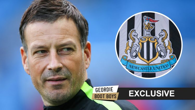 Referee Mark Clattenburg looks on while refereeing a Premier League game. Inset: the Newcastle United badge, an exclusive banner and the geordie bo...