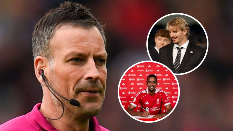 Close up image of Mark Clattenburg refereeing a game. Insets: Alexander Isak signs for Liverpool. Nick Woltemade at Elland Road.