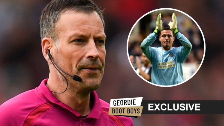 Mark Clattenburg officiating a Premier League game. Inset: Steve Harper at his testimonial, an exclusive banner and geordie boot boys logo