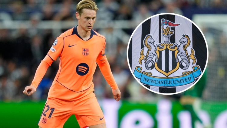 Frenkie de Jong with the ball during a Champions League game between Newcastle United and Barcelona. Inset: the Newcastle United badge on a flag.
