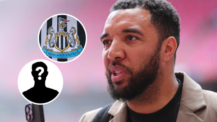 Troy Deeney doing punditry before the Championship play-off final between Leeds United and Southampton. Inset: the Newcastle United badge and a mys...